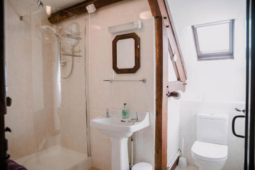 Un baño con lavabo, ducha e inodoro. en Stargazer's Loft, en Clifford
