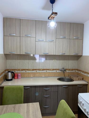 a kitchen with a sink and wooden cabinets at Skadar Lake Apartment -Anja in Vranjina