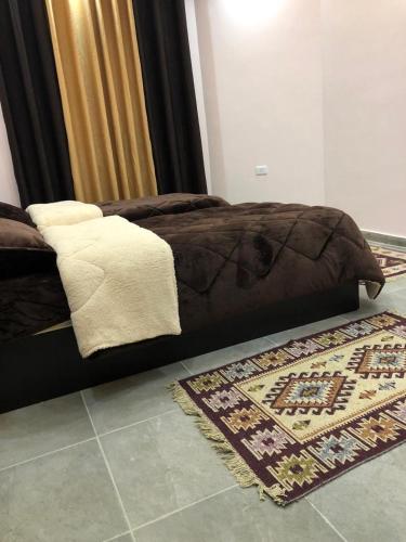 a bed in a room with a rug and a bed with a bed sqor at Petra Olive House in Wadi Musa