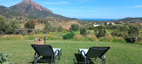two chairs and a table in a field with a mountain at Domu abi manna in Tertenìa