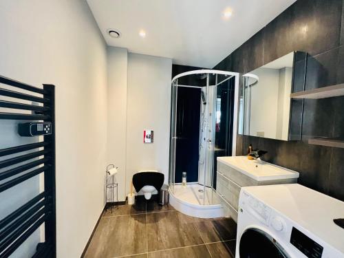 une salle de bain avec une douche, un lavabo et des toilettes dans l'établissement LES PALMIERS - Appartement avec piscine proche plages - Wifi et Clim, à Antibes