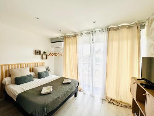 une chambre avec un lit et une grande fenêtre dans l'établissement LES PALMIERS - Appartement avec piscine proche plages - Wifi et Clim, à Antibes