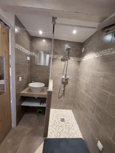 une salle de bain avec un lavabo et une douche dans l'établissement Éblouissant appartement au calme d'une résidence avec piscine idéalement situé au pied du Colorado provençal dans le prestigieux Luberon, à Rustrel