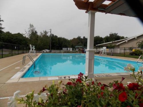 a large swimming pool in a yard with flowers at The Family Getaway in Tobyhanna
