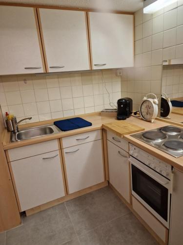eine Küche mit weißen Schränken und einem Waschbecken in der Unterkunft 1 Zimmer Appartement im SI Centrum Stuttgart in Stuttgart