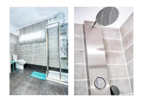 2 fotografias de uma casa de banho com um chuveiro em Casa Eden naturist area, full privacy, relax and private pool em Charco del Palo