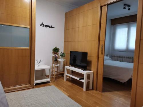 sypialnia z łóżkiem i telewizorem na stole w obiekcie Apartamento Plaza America 40 m2 w mieście Vigo