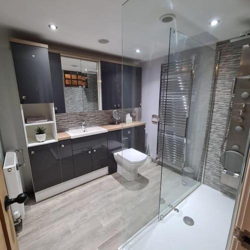 a bathroom with a toilet and a glass shower at The Coach House in Blackpool