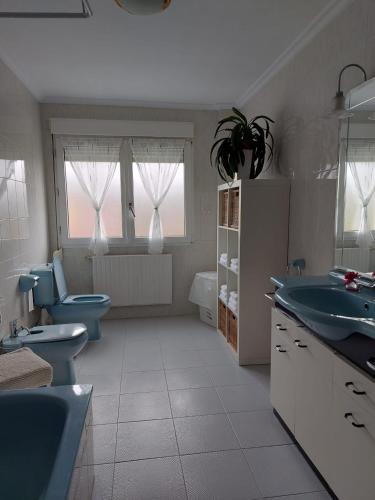 a bathroom with two toilets and a sink and a tub at La Huertina in Cangas de Onís