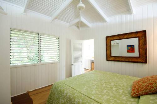 a bedroom with a bed and a mirror on the wall at Beachfront Villa - House of Bamboo, Infinity Pool in Savusavu