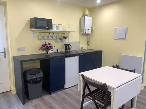 a kitchen with a counter and a sink and a table at The Cosy Studio by the shore in Galway