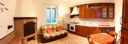 kuchnia z kanapą i kominkiem w pokoju w obiekcie L' Attichetto w Ciampino