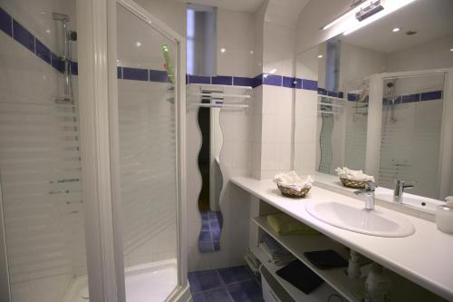 La salle de bains est pourvue d'une douche et d'un lavabo. dans l'établissement Jourde Vacances, au Puy-en-Velay