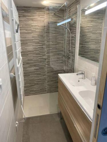 une salle de bain avec un lavabo et une douche en verre dans l'établissement Entre lavande et oliviers, à Plaisians