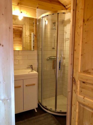 La salle de bains est pourvue d'une douche et d'un lavabo dans une cabine. dans l'établissement Appart 50m2 4 à 5 pers dans Chalet de charme, à Vimines