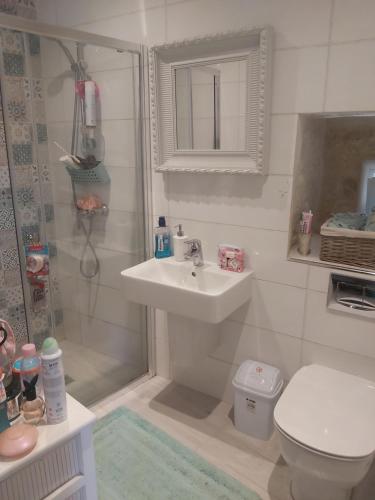 een badkamer met een douche, een wastafel en een toilet bij One bedroom apartment in Qormi