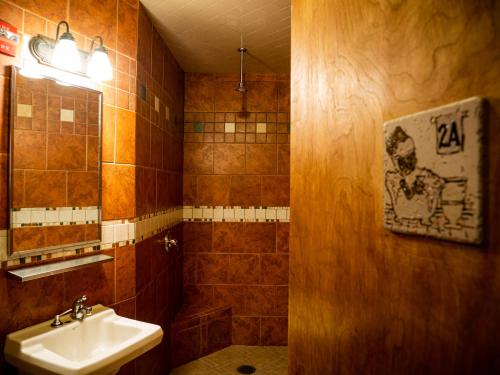 a bathroom with a sink and a mirror at Green Tortoise Hostel Seattle in Seattle