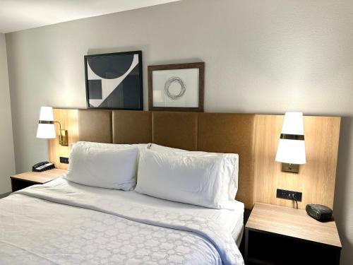 a bed in a hotel room with two lamps and two tables at Staybridge Suites Milwaukee West-Oconomowoc by IHG in Oconomowoc