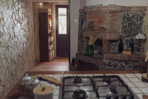 a kitchen with a stove and a stone fireplace at Il Rifugio di Aitna in Ragalna