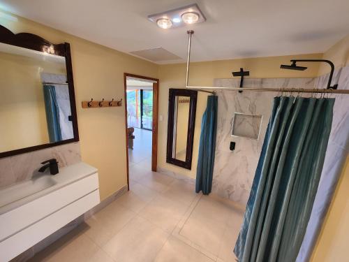a bathroom with a shower and a sink at Maleny Tropical Retreat in Maleny