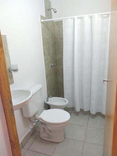 a bathroom with a toilet and a sink and a shower at RUKA Apart in Chilecito