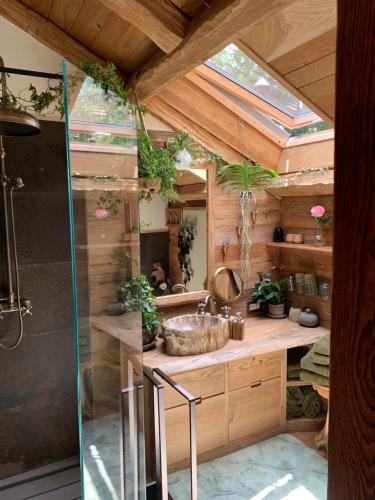 uma casa de banho com um lavatório e um chuveiro em Private Luxury Spa & Silence Retreat with Spectacular View over the Lake Maggiore em Stresa