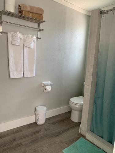 uma casa de banho com um WC e um chuveiro em Angler's Inn em Matlacha