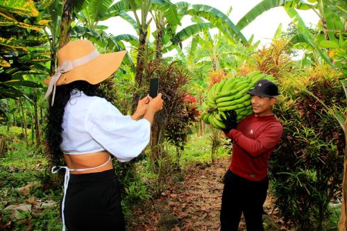 a woman taking a picture of a man with a bunch of bananas at Natura Gardens Galápagos in Bellavista