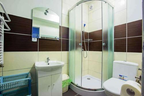 a bathroom with a shower and a toilet and a sink at Apartamenty Motylem Jestem in Szczawnica