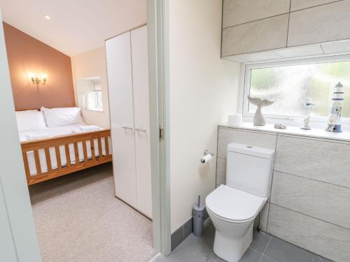 a bathroom with a toilet and a bedroom at Bryn Goleu in Moelfre