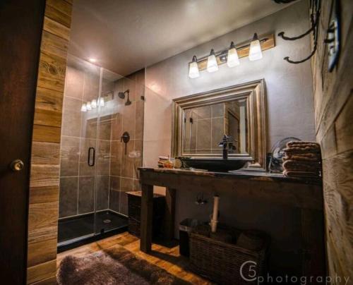 a bathroom with a sink and a shower at Casitas at Madrona Ranch - Homestead in Pipe Creek