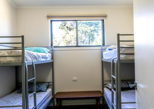 Habitación con 3 literas y ventana. en Bellarine Lodge Sleeps 30, en Drysdale