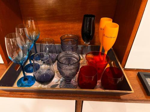 a tray filled with wine glasses on a table at Copacabana in Beach in Rio de Janeiro