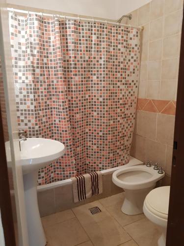 een badkamer met een wastafel, een toilet en een douchegordijn bij SOLAR 17 in Chajarí