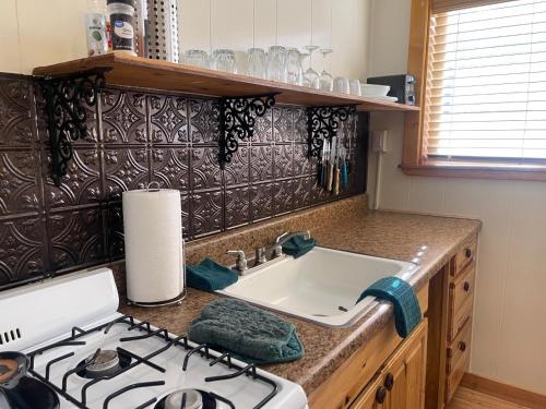 a kitchen with a stove and a white sink at Red River Condo #4 in Red River
