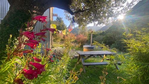 a picnic table in a garden with red flowers at Alpacas Off Grid - Eco Cabin in Takaka