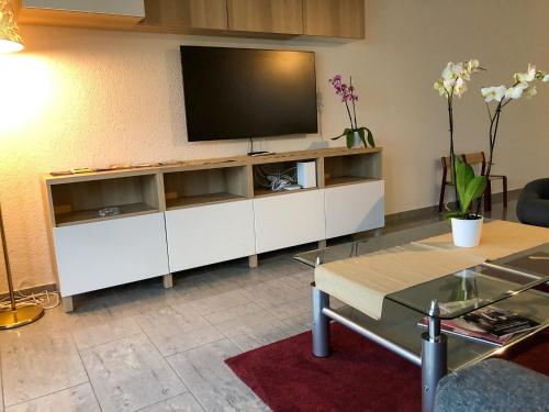a living room with a television on a wall at Seehotel Riviera at Lake Lucerne in Gersau