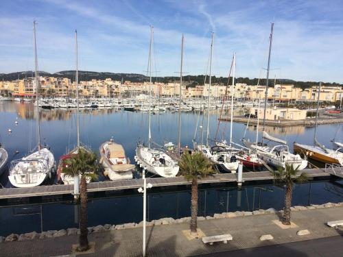 Un puerto deportivo con muchos barcos en el agua en Gruissan (Aude) Appartement calme, vue sur port de plaisance -Clim, Empl.Parking, en Gruissan