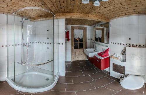 a bathroom with a shower and a tub and a sink at Haus Guglprasta in Sankt Veit in Defereggen