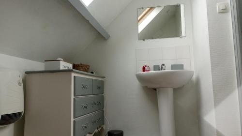 une salle de bain blanche avec un lavabo et un miroir dans l'établissement Charmant cocon à Malo-les-bains, à Dunkerque