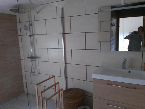 a person taking a picture of a bathroom with a mirror at L'escale du Tec-Tec in Salazie