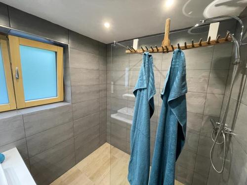 a bathroom with blue towels hanging on a rack at Haus am Bach in Erl