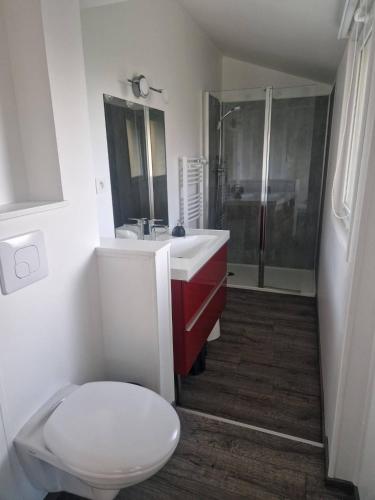 une salle de bain avec toilettes, lavabo et douche dans l'établissement L'OASIS, à Merville-Franceville-Plage