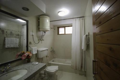 ein Badezimmer mit Waschbecken, Toilette und Badewanne in der Unterkunft Shivalik kanyal cottage in Manali