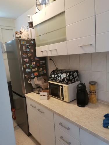 a kitchen counter with a microwave and a refrigerator at Zgrada, stan in Kruševac