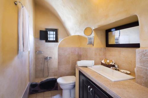 a bathroom with a sink and a toilet and a shower at Ramni House: Private Villa with pool by the Sea in Oia