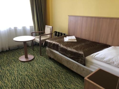 um quarto de hotel com uma cama, uma mesa e uma cadeira em Hotel Opera em Jaroměřice na Rokytné