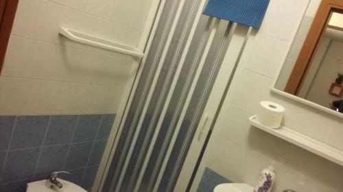 y baño con ducha, aseo y lavamanos. en mini Residence Samarcanda appartamenti en Porto Cesareo