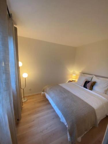 a bedroom with a large bed with two lamps on it at Le Ludz Blagnac in Blagnac
