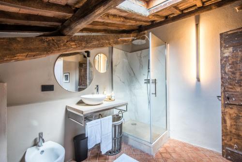 een badkamer met een wastafel en een douche bij La Porticina in Montalcino
